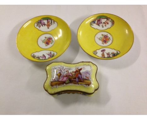 2 Meissen saucers and a handpainted trinket box (restored to base).