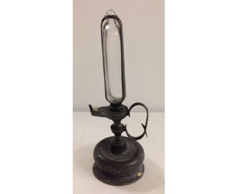 Antique 19th century FIN whale oil lamp clock. Roman numeral hour impressions down the side of oil reservoir