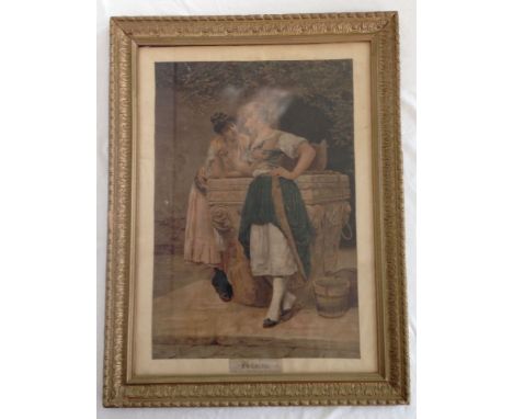 A Victorian framed & glazed coloured print 'Engaged' from the picture by E. De Plaas. 72 x 54cm.