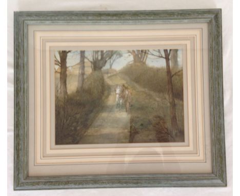 A framed & glazed watercolour of a man leading a shire horse by R. Donaldson. 40 x 47cm.