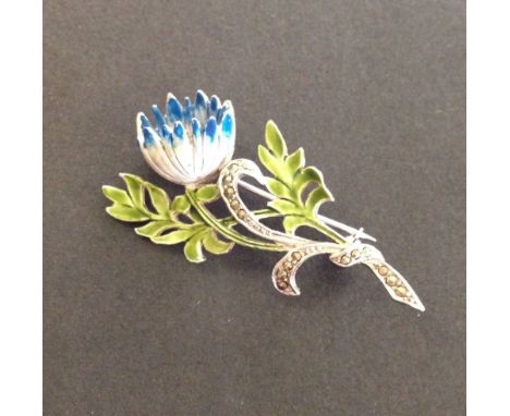 A BJL blue and green enamel and marcasite flower brooch, 1950's.