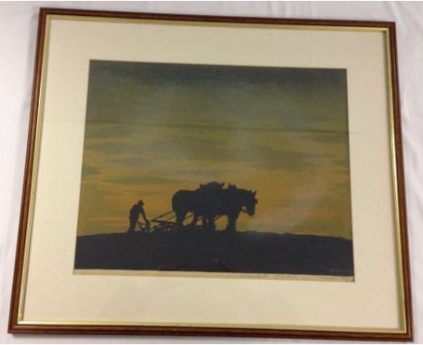 A framed &amp; glazed woodcut print 'The Last Furrow' by Emile Verpilleux (1888-1964), signed in pencil to border and dated19