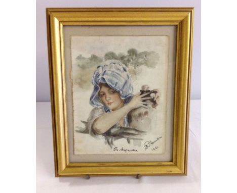 A framed & glazed watercolour 'The Haymaker' signed R Dunton 1921.  Frame size 30cm x 25cm.
