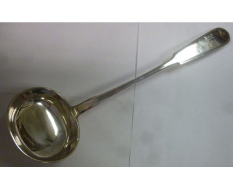 A late 19thC Russian silver coloured metal fiddle pattern soup ladle with a deep, oval bowl  bears the marks of Christian And