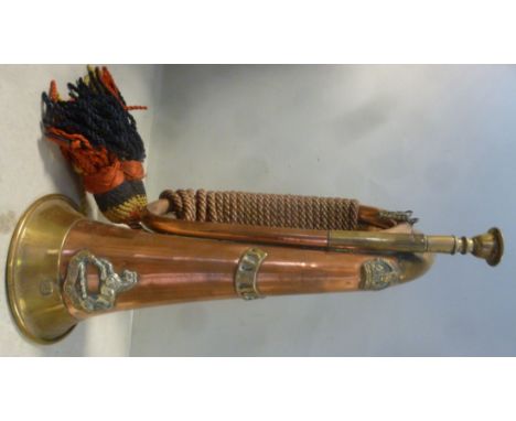 A copper and brass bugle, bears the emblem of The King's Liverpool regiment, PA, impressed Ypres 1914.15.17 WD and 739 * P.Ad