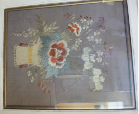 A late 19th/early 20thC Chinese silk tapestry, featuring a flower filled basket  23'' x 19''  framed
