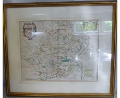 A late 17thC Richard Blome coloured county map 'Hartfordshire' with a banner title cartouche, a scale and the arms of the Rt.