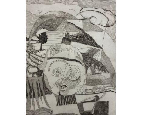 A signed and limited edition surrealist style etching titled 'Nostalgia', depicting a stylised face on an abstract landscape 