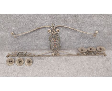 A 19th century wrought iron French ceiling light/candelabra with scrolling foliate decoration. (needs some repair as seen) H.