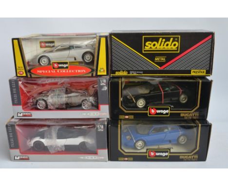 Collection of 6x 1/18 scale diecast Bugatti and Pagani model cars to include a Solido Prestige Bugatti Royale, 2x Mondo Model