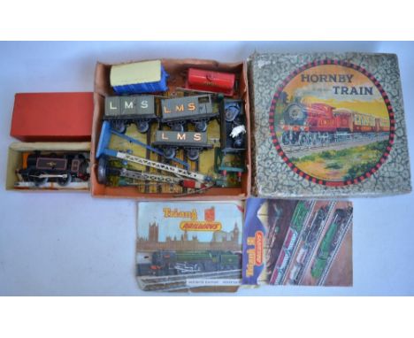 Collection of vintage Hornby Meccano tinplate O gauge railway models to include a boxed clockwork Reversing Tank Engine in fu