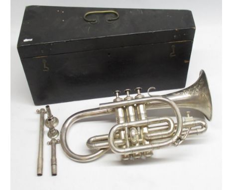 Besson &amp; Co. "Prototype" silver plated Cornet, serial no. 59380, with engraved floral design to bell, H33cm (without mout