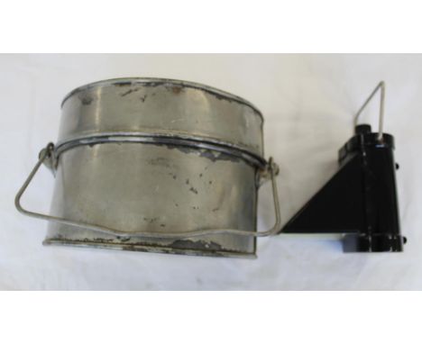 WWI British 'D' shaped mess tin, with original handle and pan handle. Stamped 249 on lid. A WWII bike lamp with light hood 