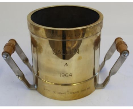Avery de Grave of London England twin handled brass Gallon measure, standard at 62F with military broad arrow dated 1964, com