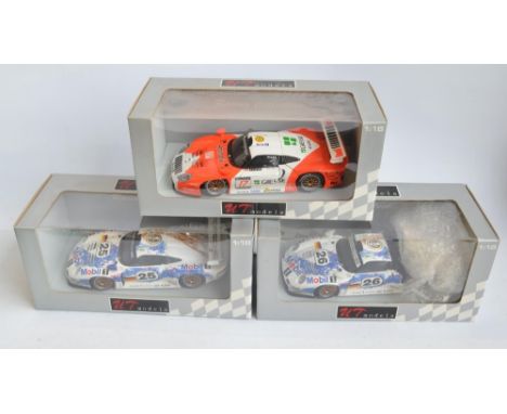 Three boxed UT Models 1/18 scale highly detailed diecast Porsche 911 GT1 models. All in excellent condition but please note N