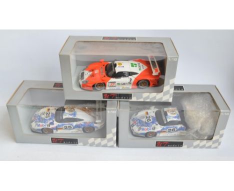 Three boxed UT Models 1/18 scale highly detailed diecast Porsche 911 GT1 models. All in excellent condition but please note N