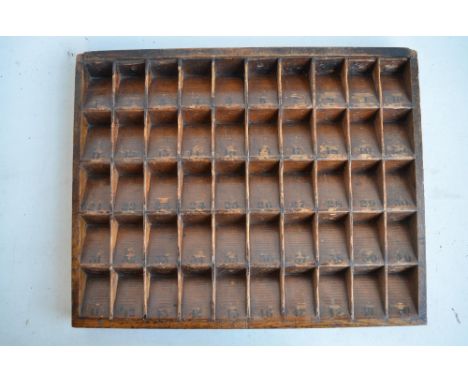 Vintage wood railway ticket tray, 1-50 with recessed brass pull handle. 54.5x43.2cm 