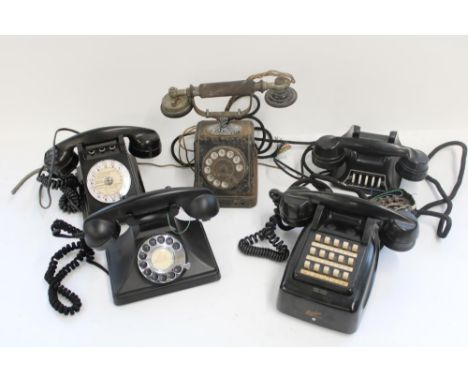 Five black bakelite and other telephones incl. French PTT H. Depaepe telephone, Etelco button phone etc. 