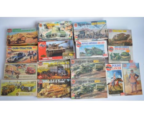 Sixteen unbuilt Airfix armour and figure kits to include 14x 1/76 and 1/72 scale armour and vehicle kits, a 1/12 Oliver Cromw