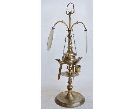 Unusual antique brass students paraffin fed table lamp with carry handle and 4 lights with hanging accessories, no makers mar