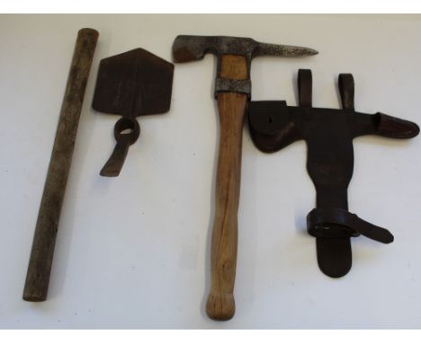 WWI British Entrenching tool dated 1915. WWI German pioneer field trench axe in original leather belt holder 