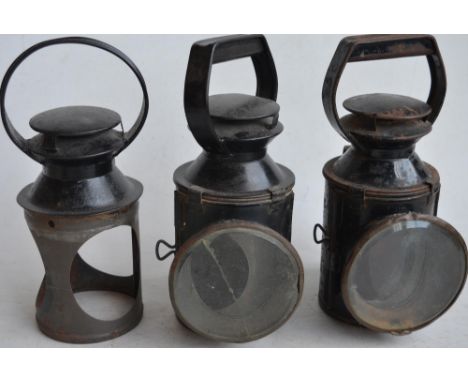 Two vintage railwayman's lamps with spare insert, both stamped BR. One lamp with complete undamaged blue, green and clear gla