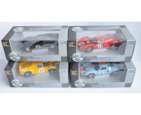 4x boxed diecast 1/18 scale racing car models from Eagle's Race to include 2x Ford GT40s and 2x Ferrari 330 P4s. Some decal d