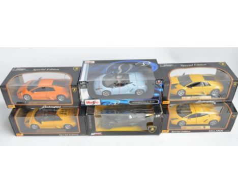 6x boxed diecast 1/18 scale Lamborghini car models from Maisto and Mondo Motors to include Gallardo, Gallardo Spyder, Murciel