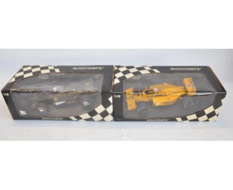 2x boxed Minichamps (Paul's Model Art) 1/18 scale highly detailed diecast F1 car models to include Lotus Renault 97T, E. De A