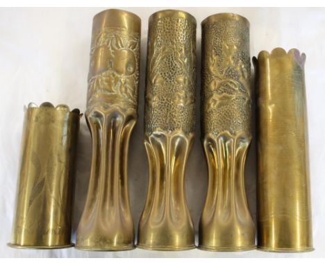 Collection of five Trench Art vases from artillery shells with floral design and Derbyshire Yeomanry 