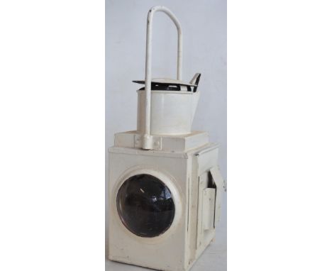 Large white painted railway lamp, no internal burner or makers marks. With removeable red glass panel one side, fixed clear g