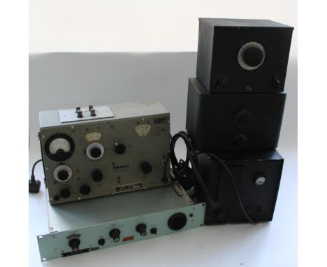 RACAL single sideband convertor, a military use PSU with broad arrow mark to dial, two black japanned metal amateur radios an
