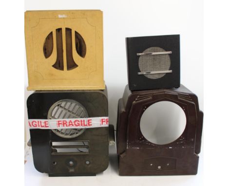 Two mid C20th bakelite cases for radios together with an Art Deco speaker and a later black metal speaker (4) 