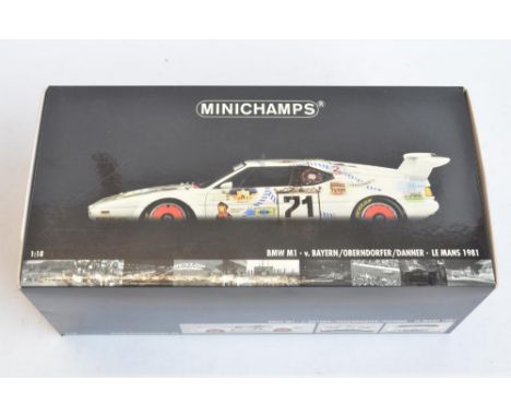 Minichamps 1/18 scale diecast highly detailed BMW M1 Bayern/Oberndorfer/Danner Le Mans 1981 (180 812971). Featuring working s