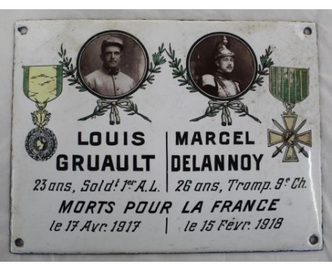 French WWI enamel memorial plaque with photographs of two soldiers (perhaps from the same village/town) with names and dates,