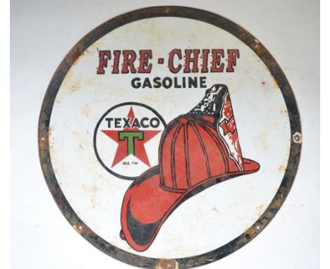 Plate steel enamel advertising sign for Texaco Fire-Chief Gasoline. D61.1cm 