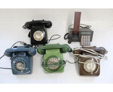 Four GPO style plastic telephones and a Bang and Olufsen Beocom 1600 telephone 