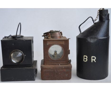 Vintage British Rail oil can (H33cm) with bung and 2 paraffin railway lamps to include an LNER signal lamp by Lamp Manufactur