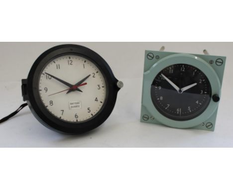 Military NATO stock ships bulkhead clock in black painted finish converted to quartz and one other 