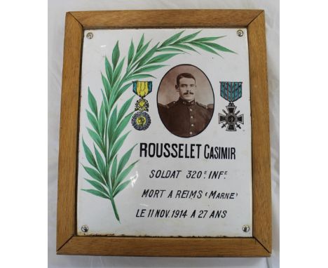 WWI French enamel plaque with photograph of deceased soldier and dates with painted palm leaves, Military Cross and Cross of 