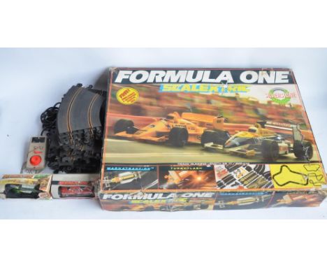 Scalextric Formula 1 Silverstone slot car set, 2 vintage Scalextric cars (C112 Mini Clubman and C128 BMW 3.0 CSL) and spare t