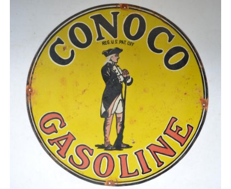 Plate steel enamel advertising sign for Conoco Gasoline. D61cm 
