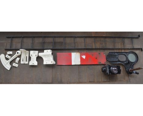 Vintage British Rail home signal semaphore with hinged attachment arm, ladder, lamp (LNER) and other fittings, part of an unf