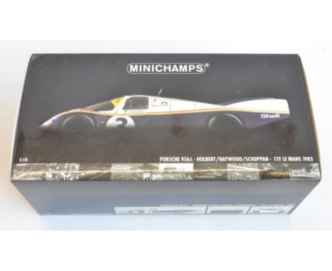 Minichamps 1/18 scale diecast highly detailed Porsche 956L (180 836903) Holbert/Haywood/Schuppan, 1st Le Mans 1983. This is a