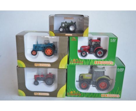 Five Universal Hobbies diecast tractor models to include 4x 1/32 (Claas Ares 836RZ, Massey Ferguson 35X, McCormick V80-4Q and