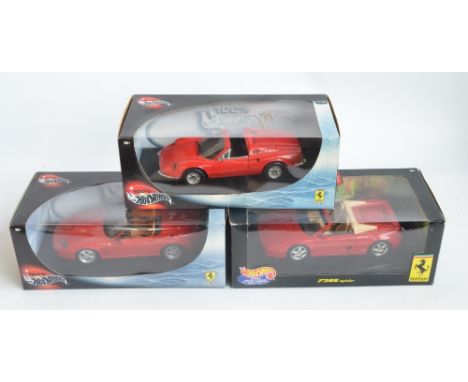 Three Hot Wheels 1/18 scale highly detailed diecast Ferrari models to include Dino 246 GTS (54601, model near mint, box excel