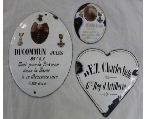 Three WWI French memorial/ grave enamel plaques with photograph of soldiers and dates 