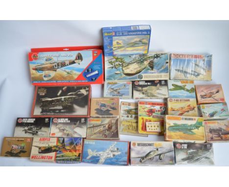 Collection of unbuilt plastic aircraft models, mostly 1/72 scale to include a vintage Airfix red stripe Wellington bomber, a 