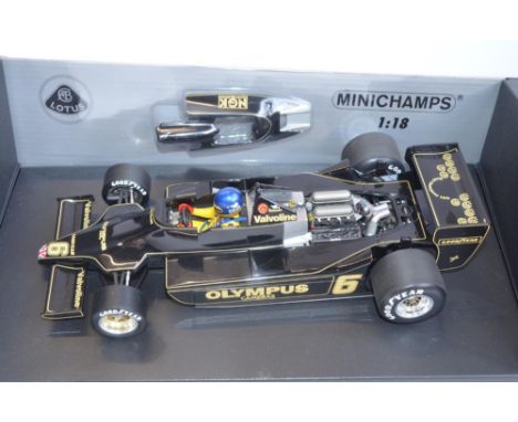 Boxed Minichamps (Paul's Model Art) 1/18 scale highly detailed diecast Lotus Ford 79, R. Peterson 1978 (100 780006). Model in