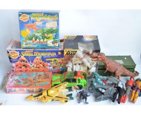 Collection of action figures and play sets to include an Action Man Moon Raker set with a box of Action Man accessories and c
